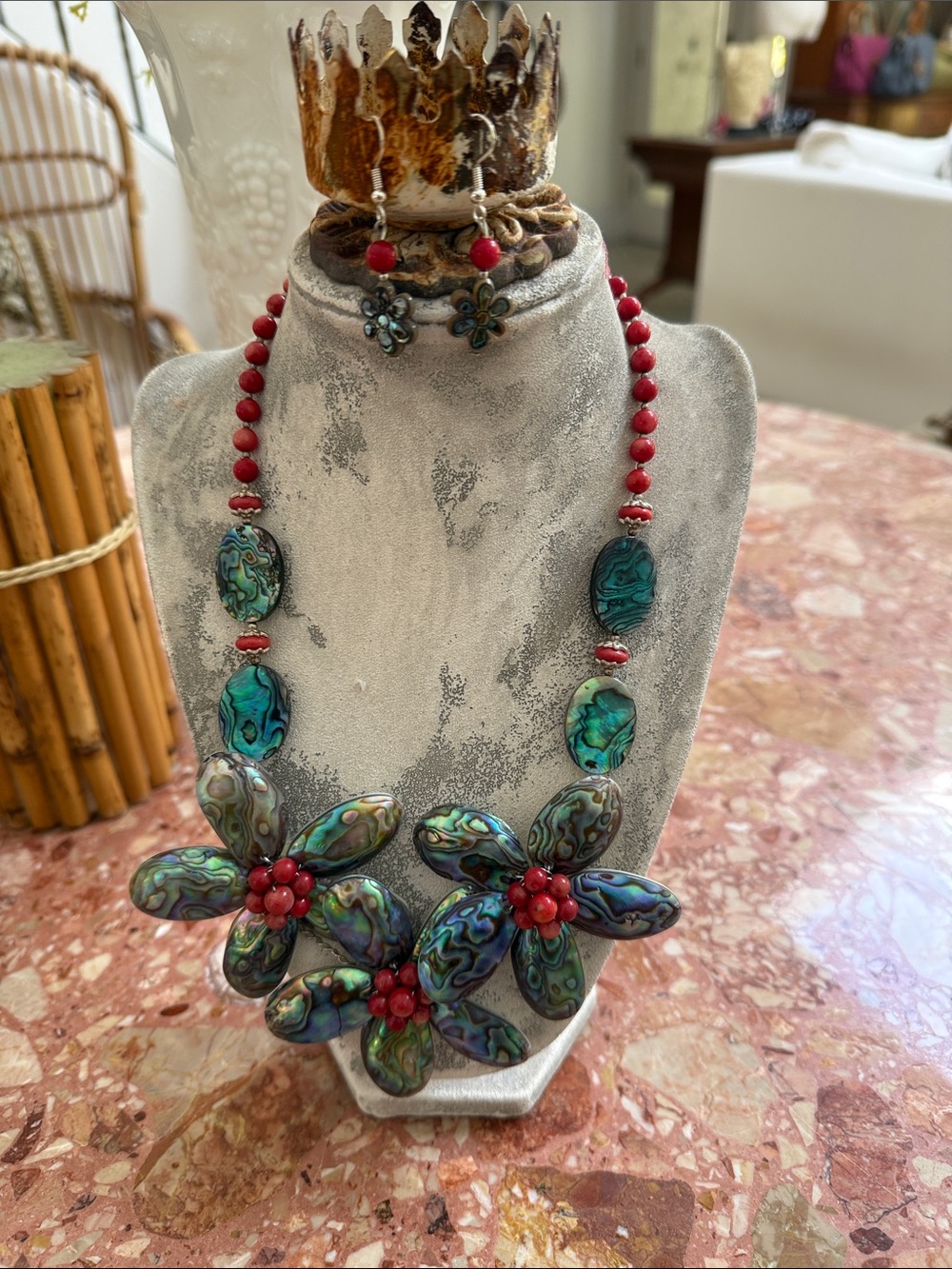Abalone Floral Statement Necklace with Coral Bead Accents